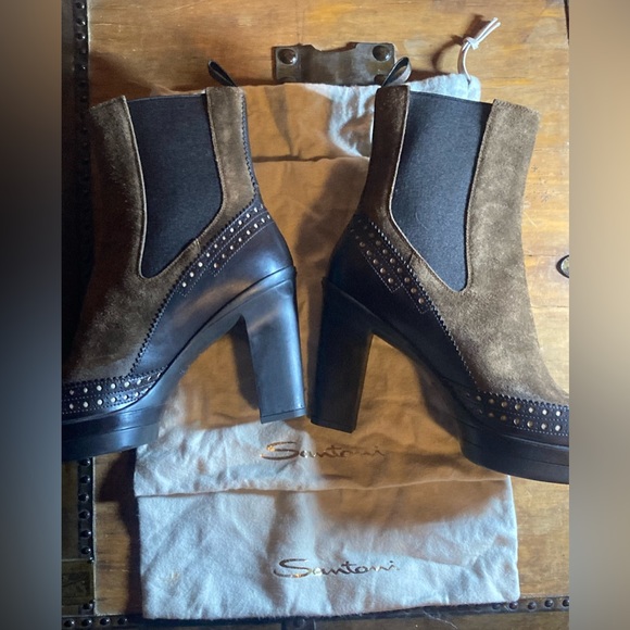 Santoni high heel platform boots black brown leather - Picture 6 of 11